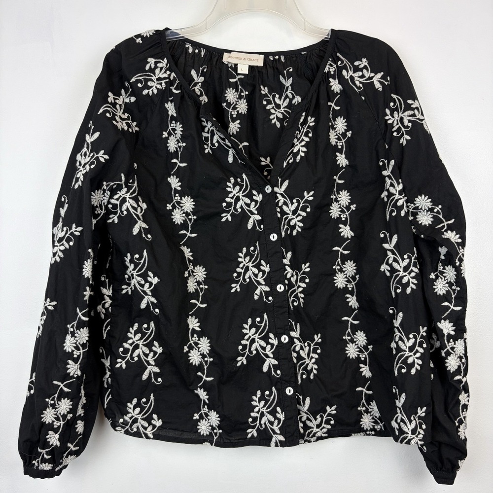 Jennifer Grace Tunic Top Women Large Blouse Black Cotton Floral Embroidered Boho